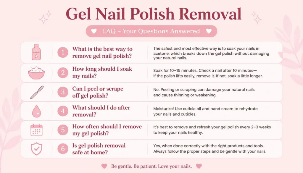 Frequently asked questions about how to remove gel nail polish safely at home in 2026