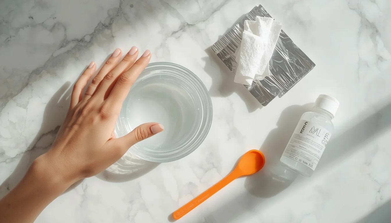 : How to remove gel nail polish at home using acetone soak and foil method on marble surface