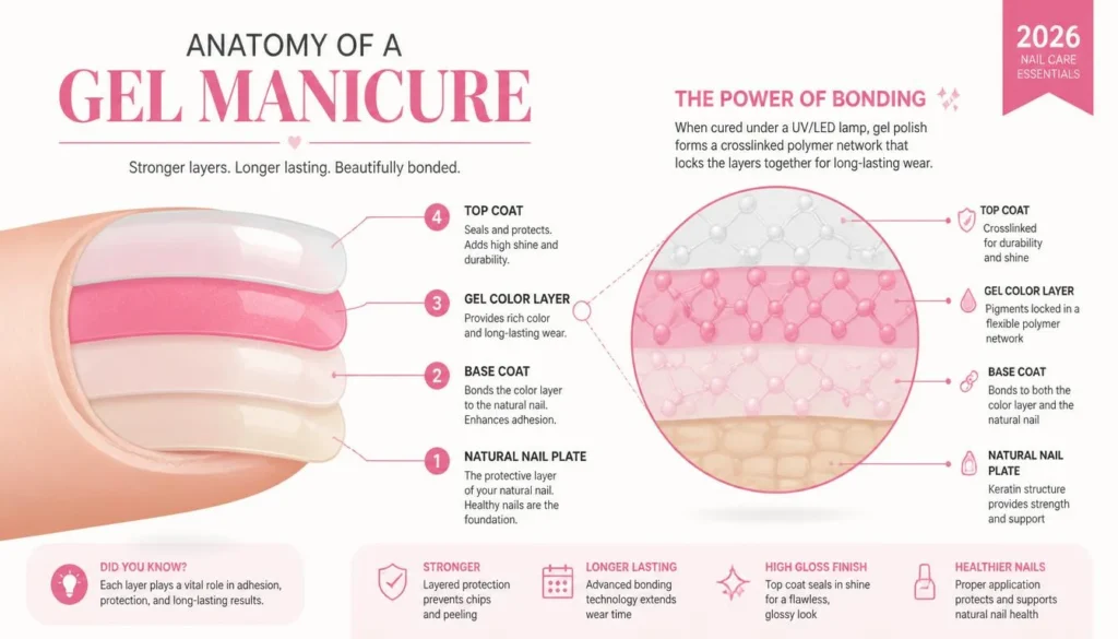 Diagram showing why gel nail polish bonds differently from regular polish — understanding the science of how to remove gel nail polish