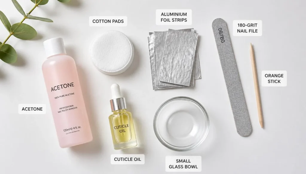 All tools needed for how to remove gel nail polish at home laid out flat on white surface