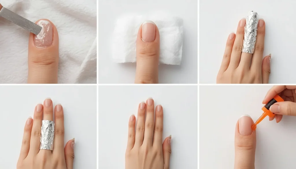 Step-by-step guide showing how to remove gel nail polish using the foil method at home
