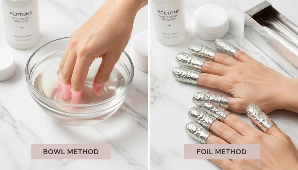 Comparison of bowl soak versus foil wrap for how to remove gel nail polish at home
