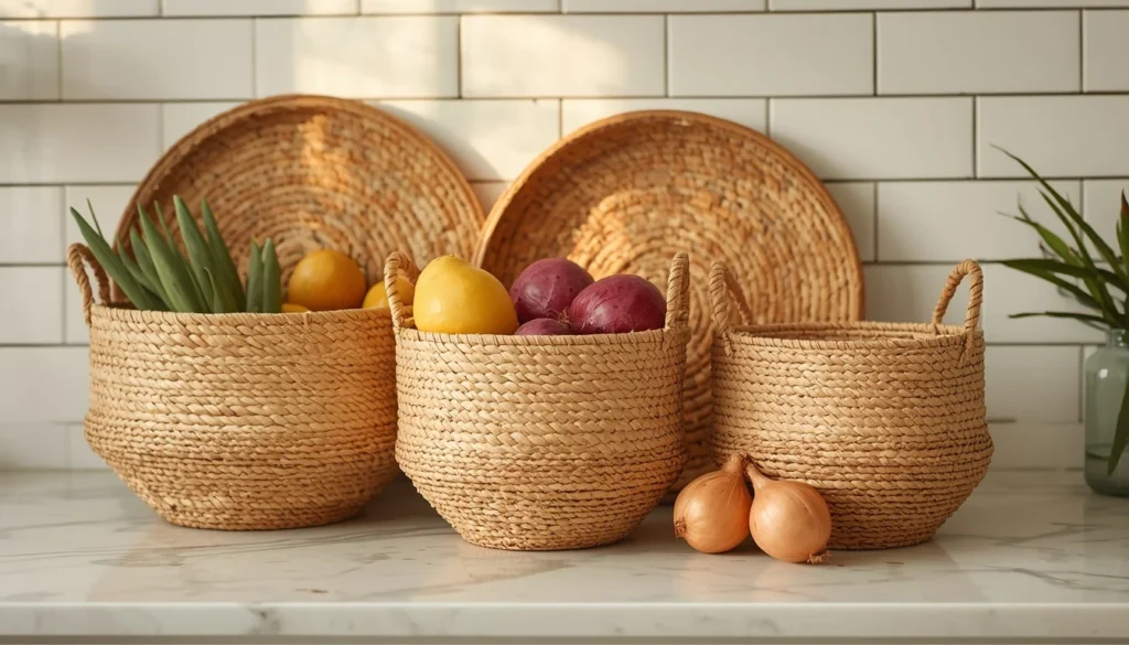 Woven seagrass baskets for kitchen storage — budget kitchen decor under $25 with natural texture