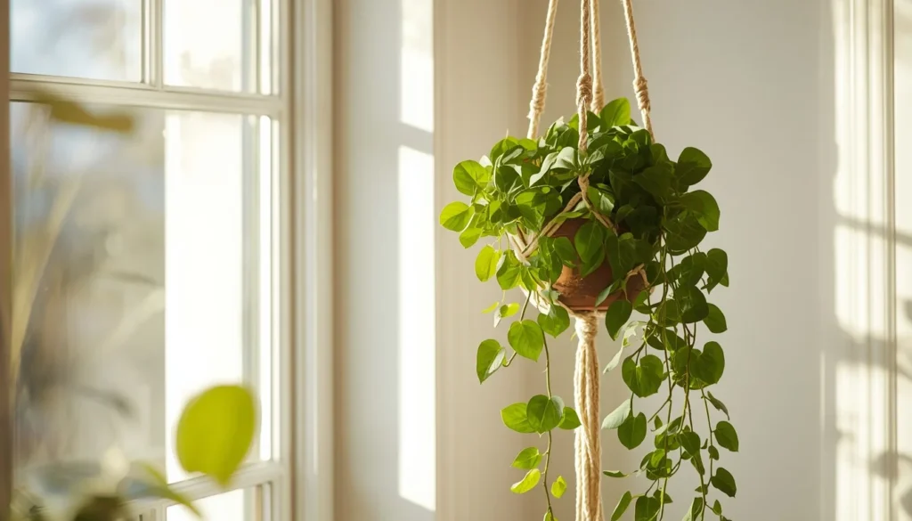 Hanging macramé planter in kitchen — budget kitchen decor idea under $30 with living greenery