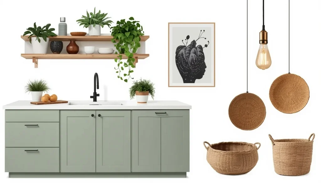 2026 kitchen decor trends — sage cabinets, open shelves, and warm lighting under $200
