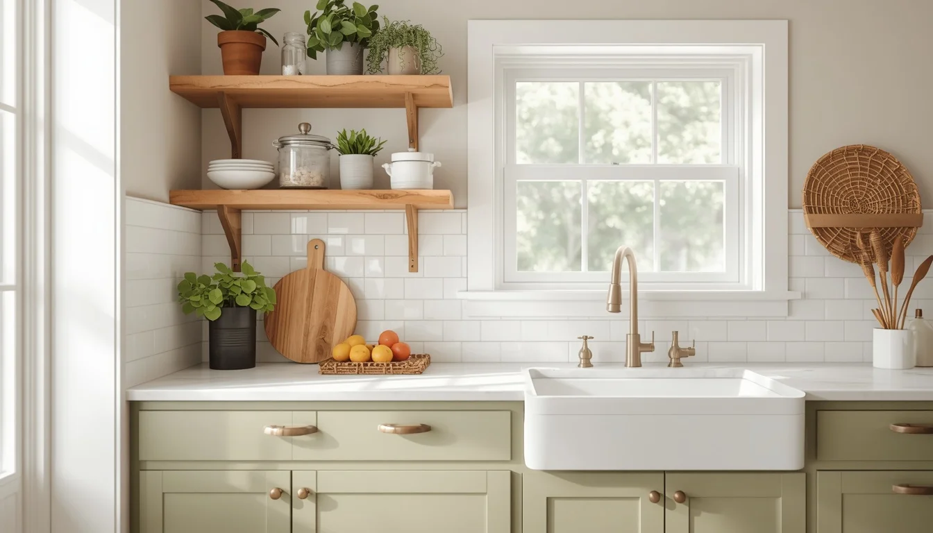 Kitchen decor ideas under $200 — budget makeover with painted cabinets, open shelves, and plants