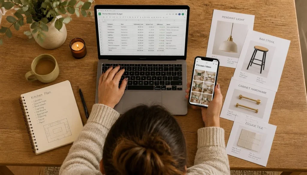  Planning kitchen decor ideas under $200 using Google Sheets and Pinterest for budget tracking