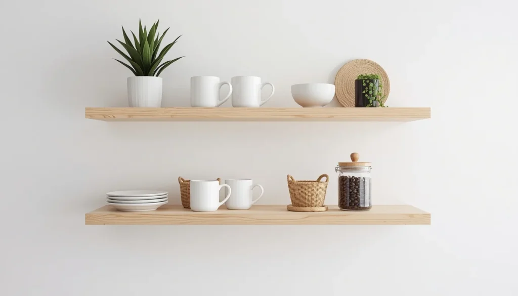 Floating open shelves — kitchen decor idea under $55 that transforms an empty wall