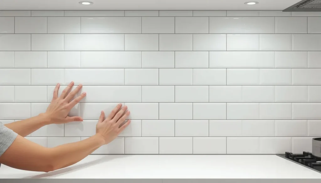 Peel-and-stick backsplash tile installation — renter-safe kitchen decor idea under $60