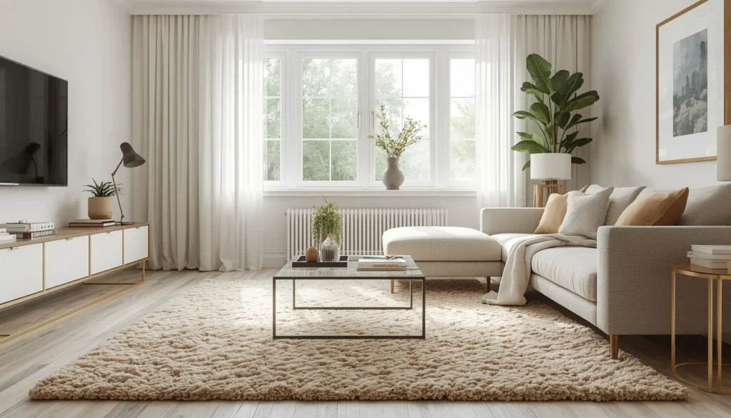 living room carpet ideas with a soft neutral wool rug under a glass coffee table