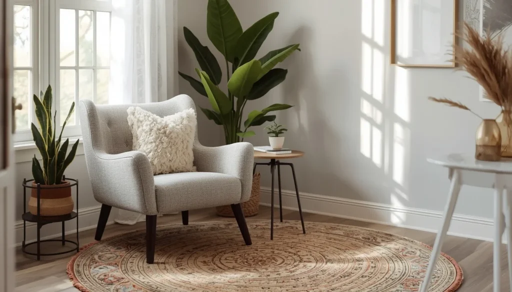 living room carpet ideas with a round rug softening a boxy furniture layout