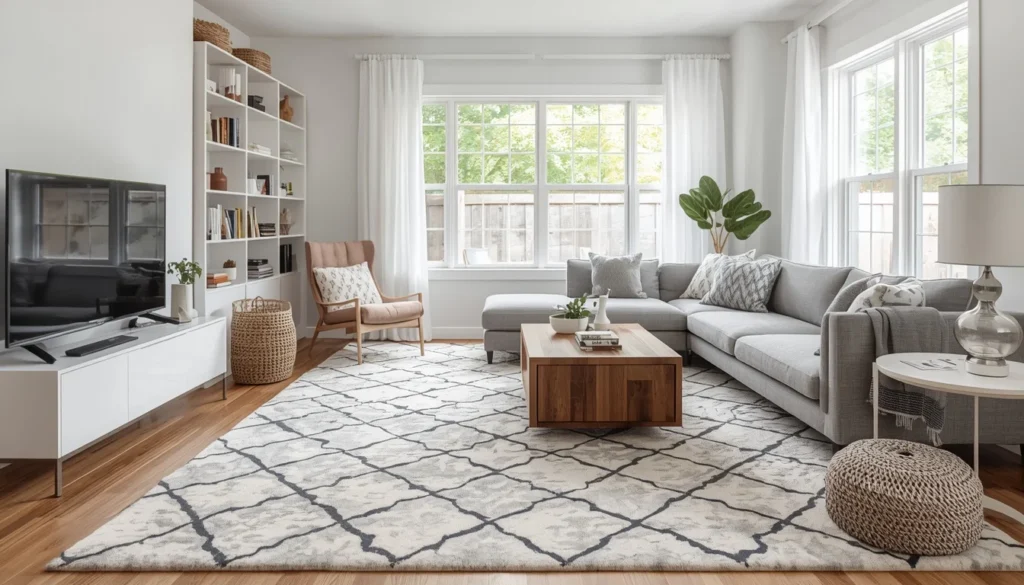 living room carpet ideas with a machine-washable rug for busy households