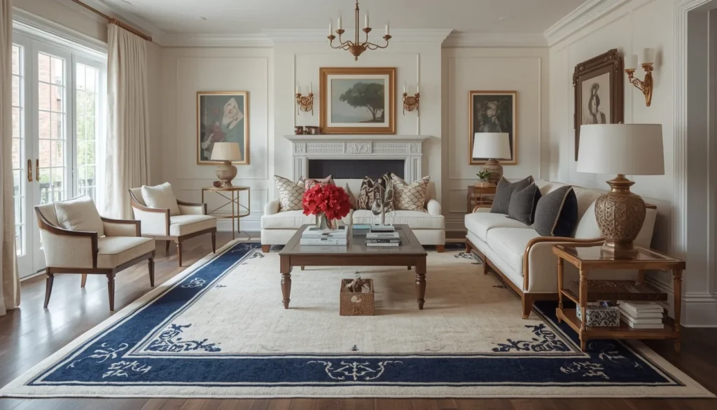 living room carpet ideas with a statement border rug for a polished finish