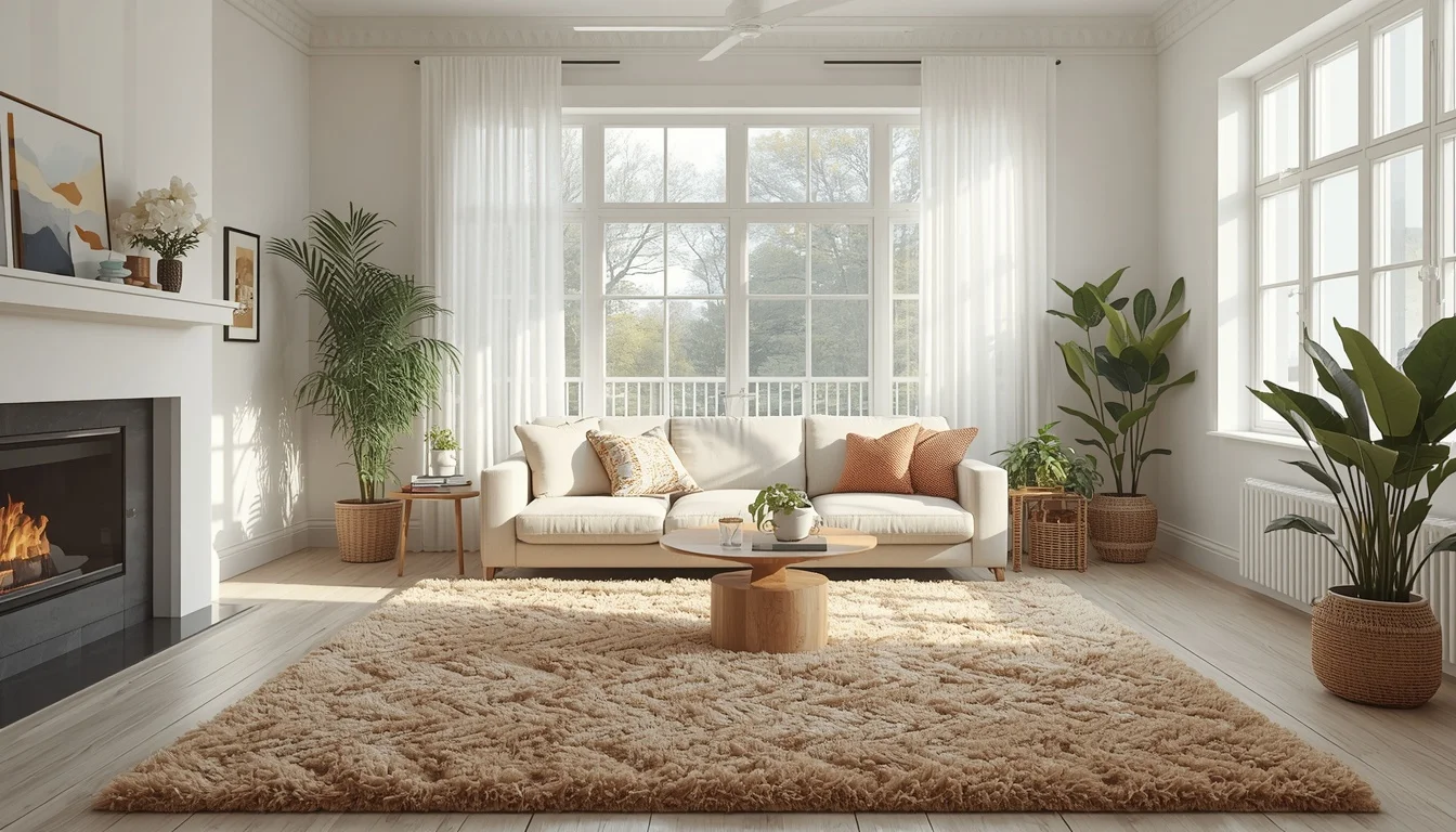 : Cozy living room carpet ideas showing a beige area rug under a modern sofa