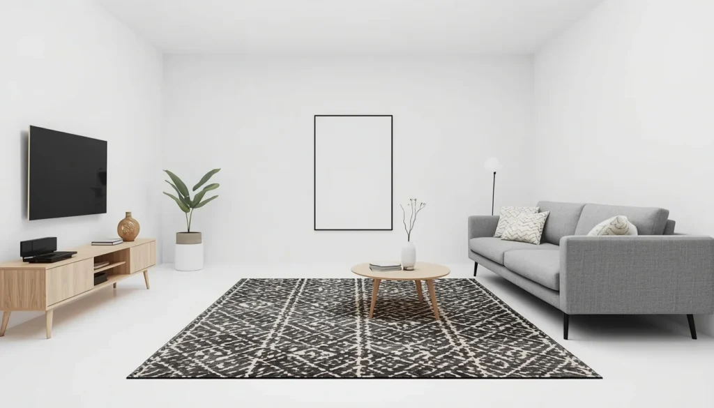 living room carpet ideas featuring a bold geometric pattern rug in a minimalist space