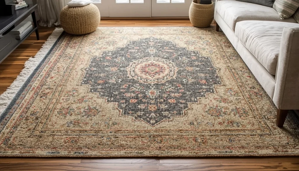 living room carpet ideas showing layered rugs with jute base and patterned accent rug