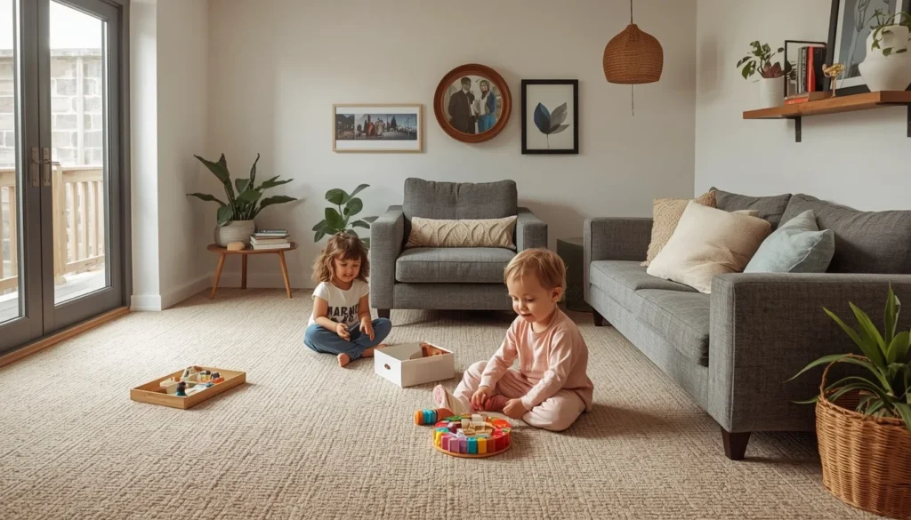 living room carpet ideas with durable Berber-style carpet for high-traffic family rooms