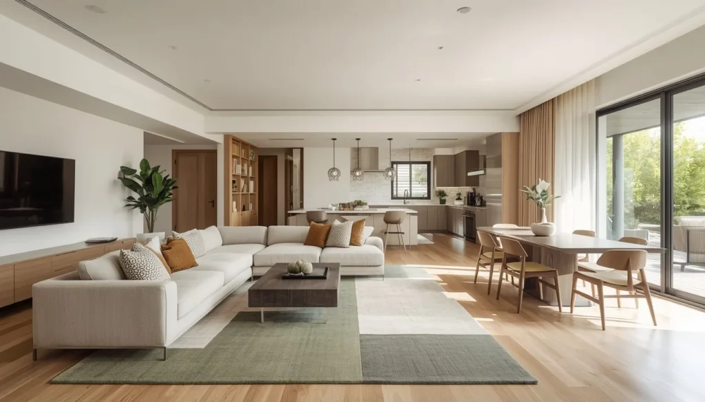 living room carpet ideas with a two-tone color-block carpet design