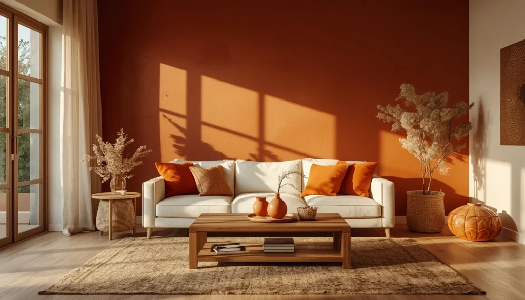 living room color ideas — warm terracotta accent wall with cream sofa and wooden accents 2026