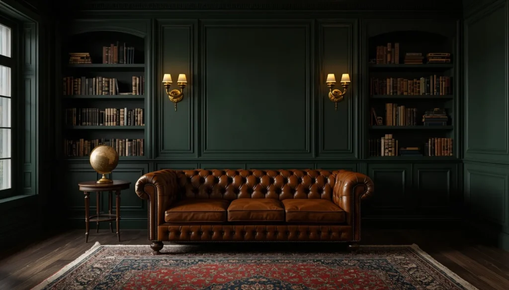 living room color ideas — dark academia forest green walls with leather sofa and brass lighting 2026