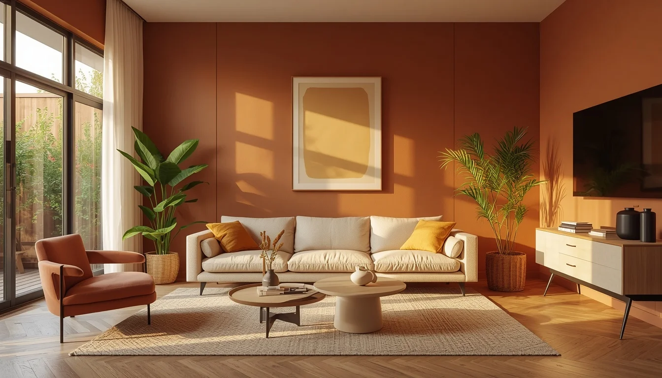 living room color ideas 2026 — stunning modern interior with warm earthy tones