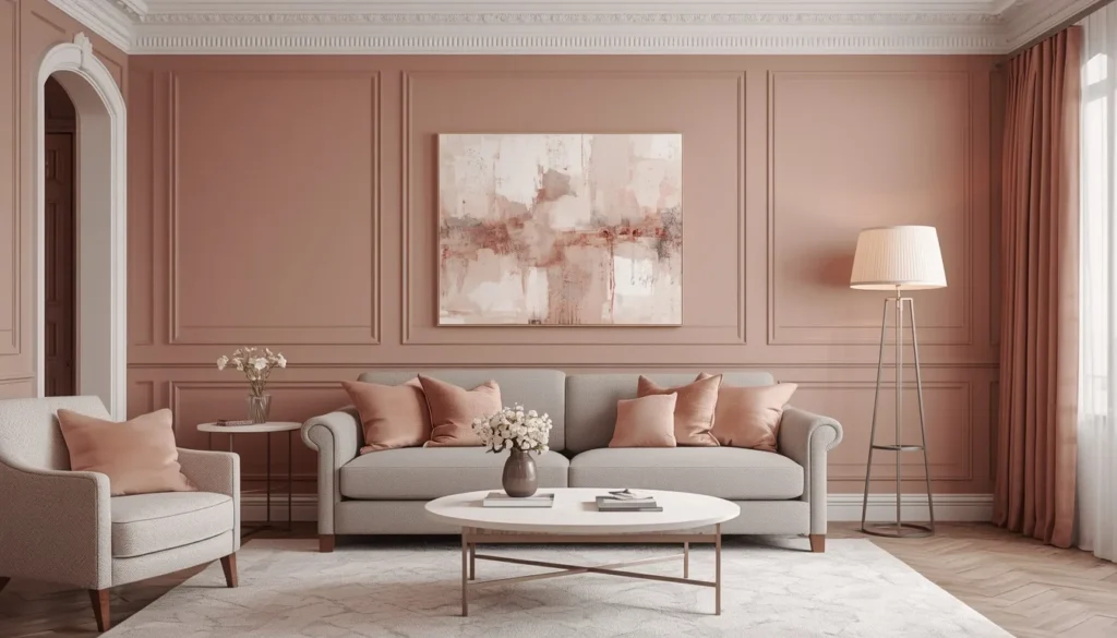 living room color ideas — dusty rose walls with warm gray sofa and rose gold accents 2026