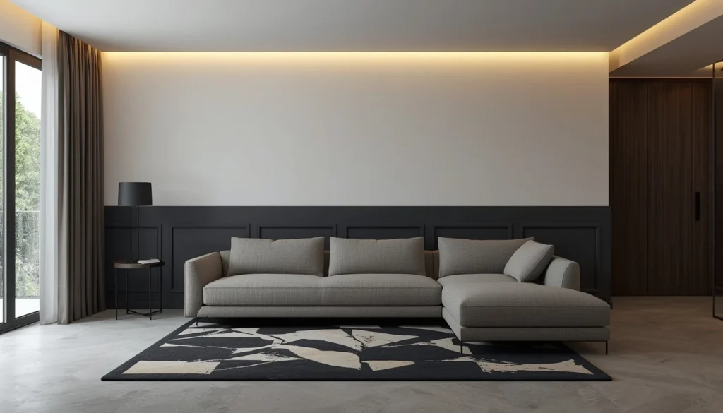 living room color ideas — two tone wall design with charcoal lower half and white upper half 2026