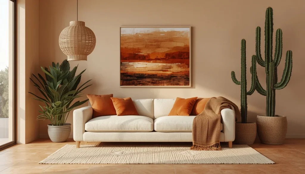 living room color ideas — desert sand walls with rust orange accents and rattan decor 2026