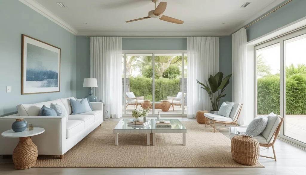 living room color ideas — soft coastal blue walls with white linen furniture and natural textures 2026