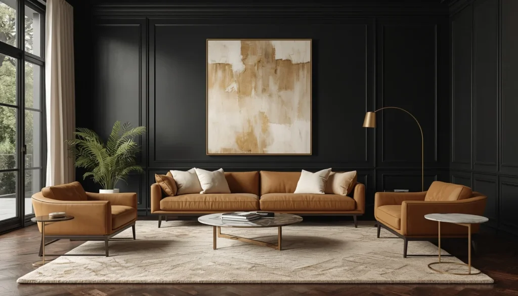 living room color ideas — warm black walls with beige and camel furniture for high contrast drama 2026