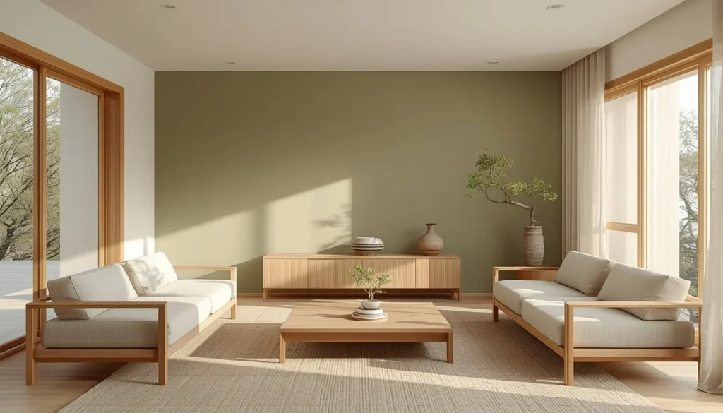 living room color ideas — Japandi sage green walls with warm white and natural wood decor 2026