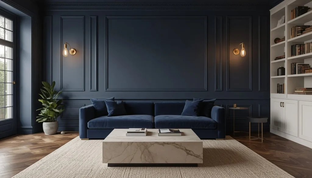 living room color ideas — midnight navy blue walls with gold accents and cream furniture 2026
