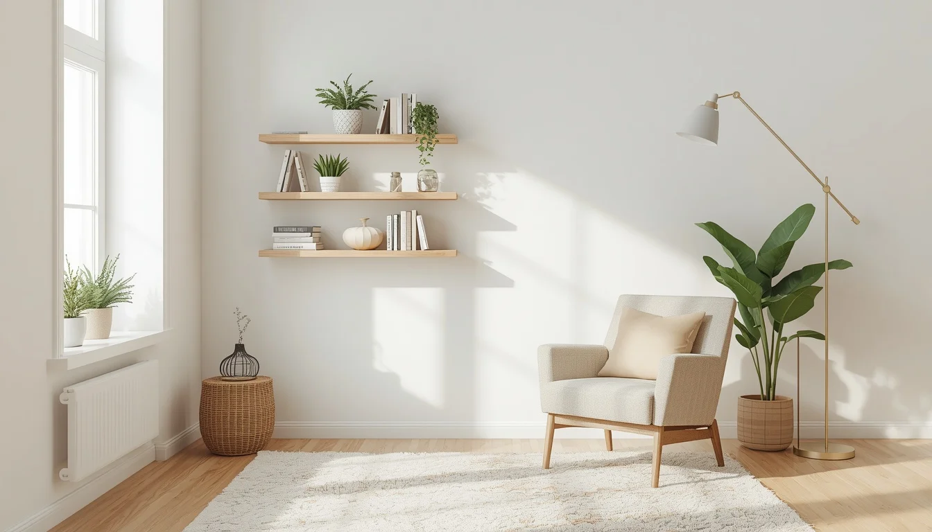 living room corner ideas - cozy styled corner with chair, shelves and plants