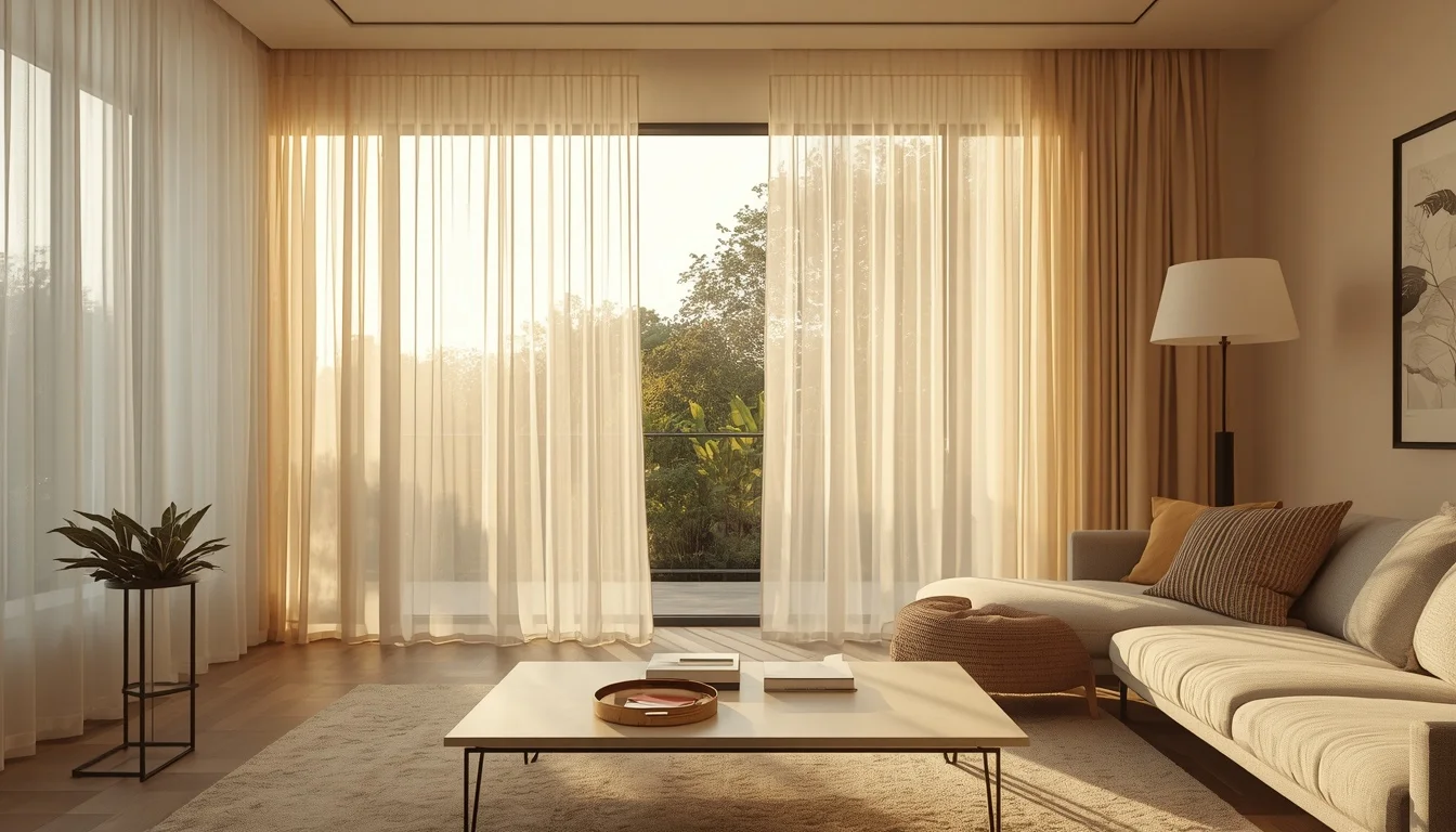: Living room curtains ideas — modern linen sheer curtains in a bright living room 2026