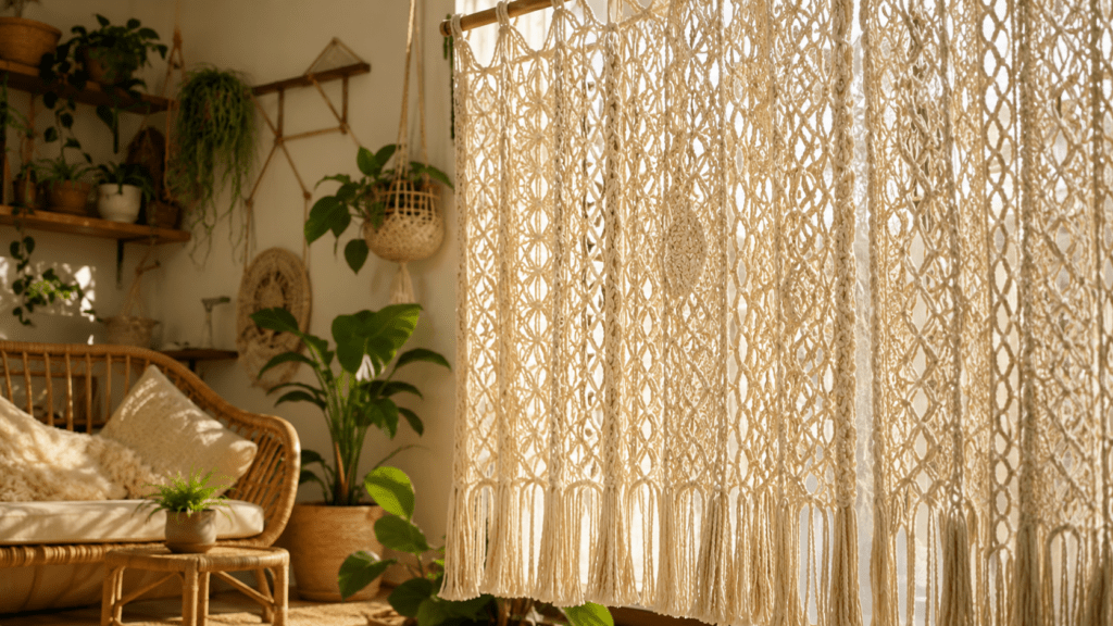 Boho macrame panel living room curtains ideas — natural cotton woven window treatment for boho home 2026