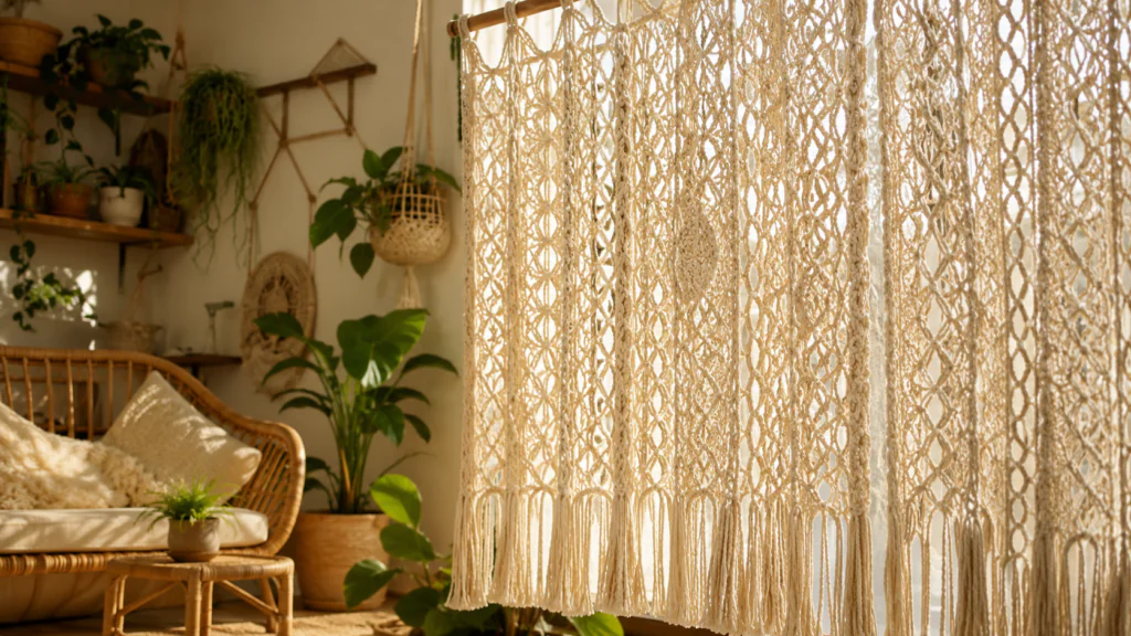 Boho macrame panel living room curtains ideas — natural cotton woven window treatment for boho home 2026