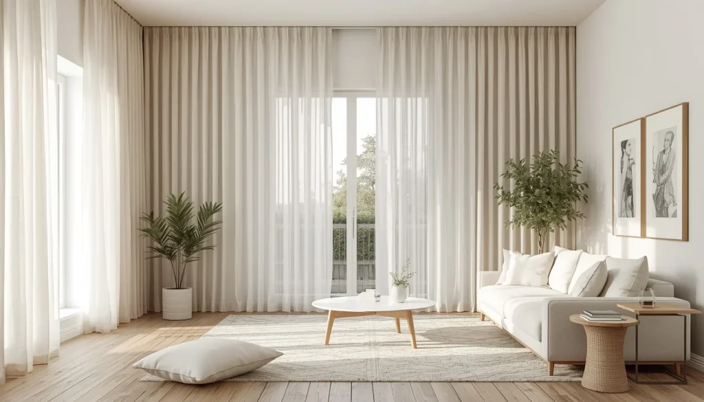 Floor-to-ceiling linen sheer curtains ideas for living room — bright minimal Scandinavian style 2026