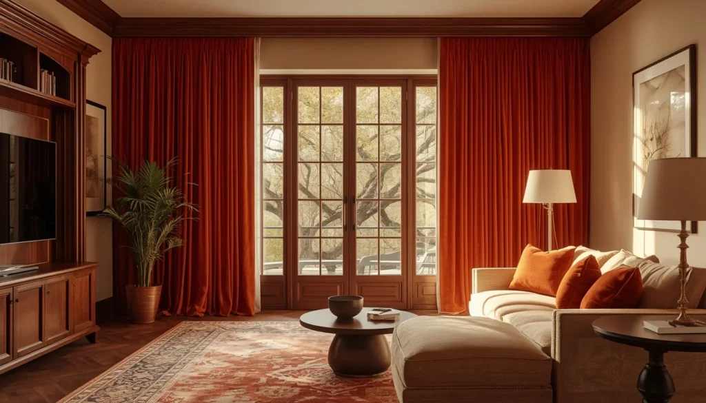  Bold terracotta velvet drapes living room curtains ideas for cozy elegant home decor 2026