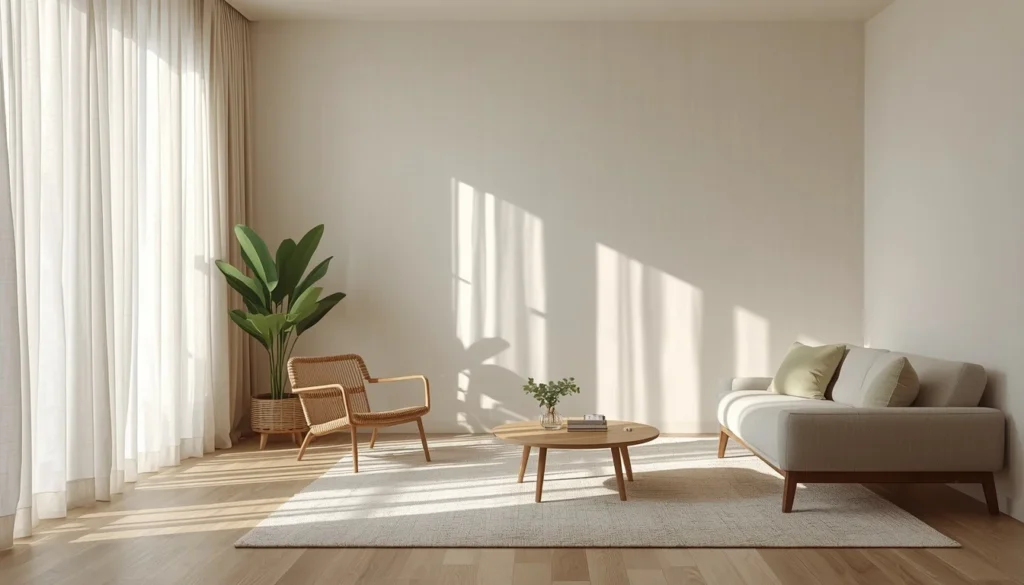 Minimalist living room curtains ideas — warm white linen panels Japandi style 2026