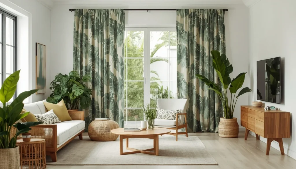 Botanical print curtains living room ideas — nature-inspired tropical leaf window treatment 2026