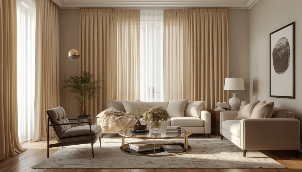 Vintage silk drapes living room curtains ideas — champagne faux silk pooling drapes glamour interior 2026