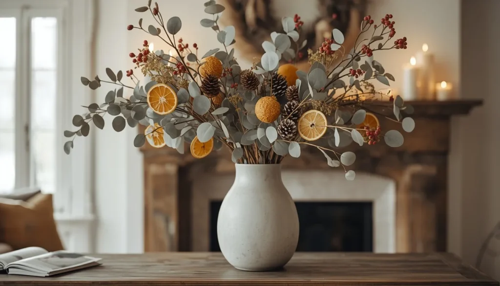 Dried botanical Christmas arrangement in a vase — a sustainable and beautiful living room idea for Christmas