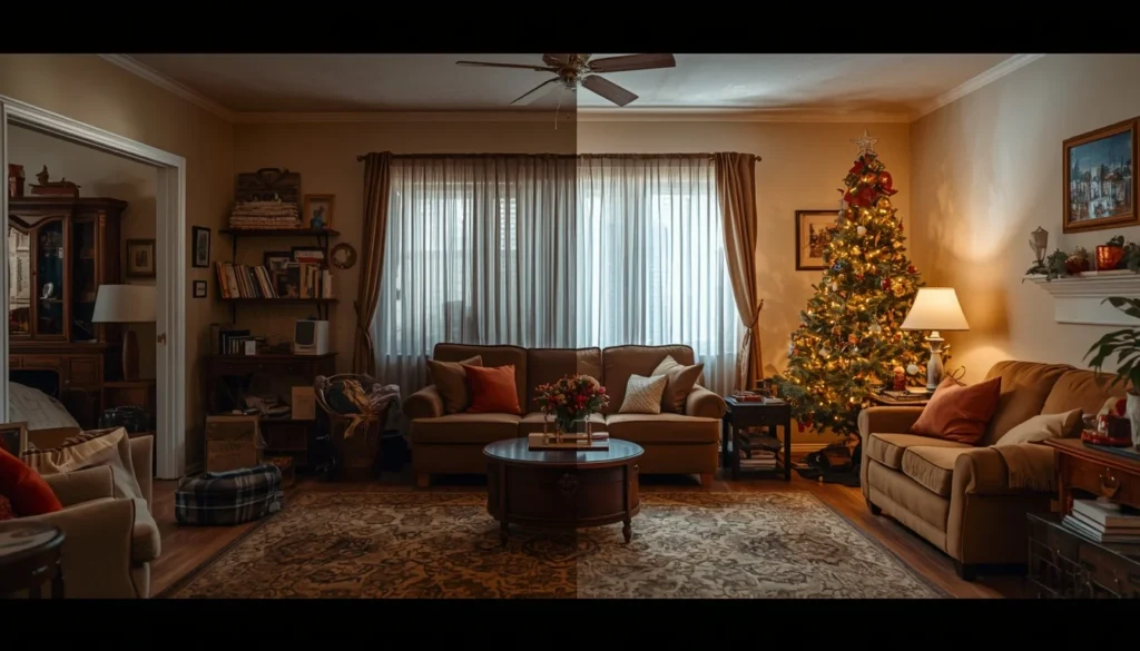 Before and after Christmas living room transformation showing the power of good living room ideas for Christmas