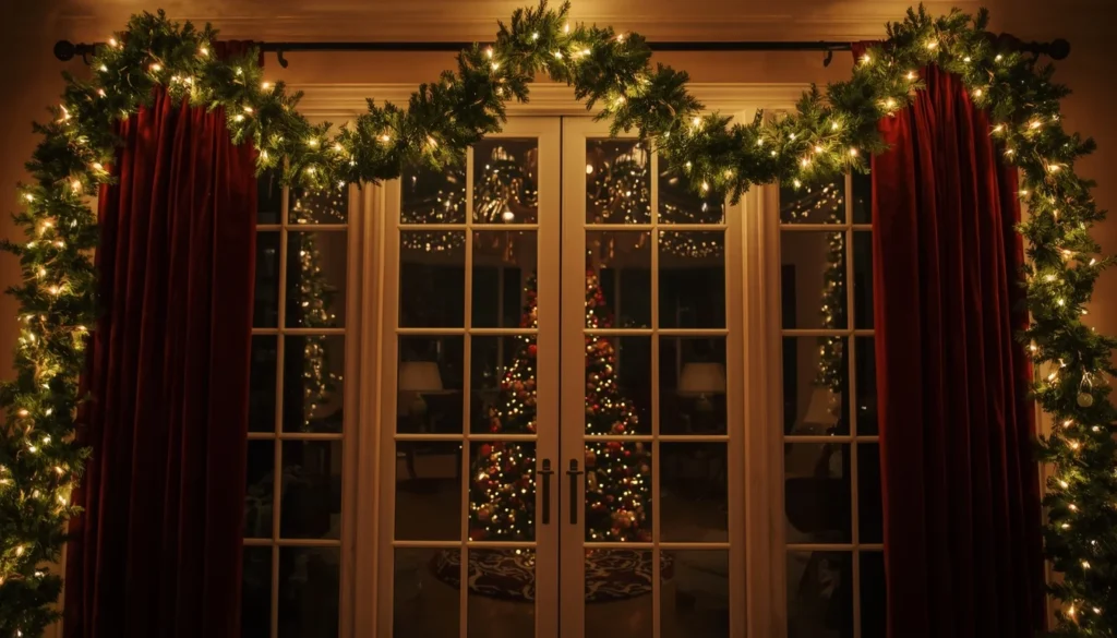 Window garland framing — an underused but spectacular living room idea for Christmas that looks professionally done