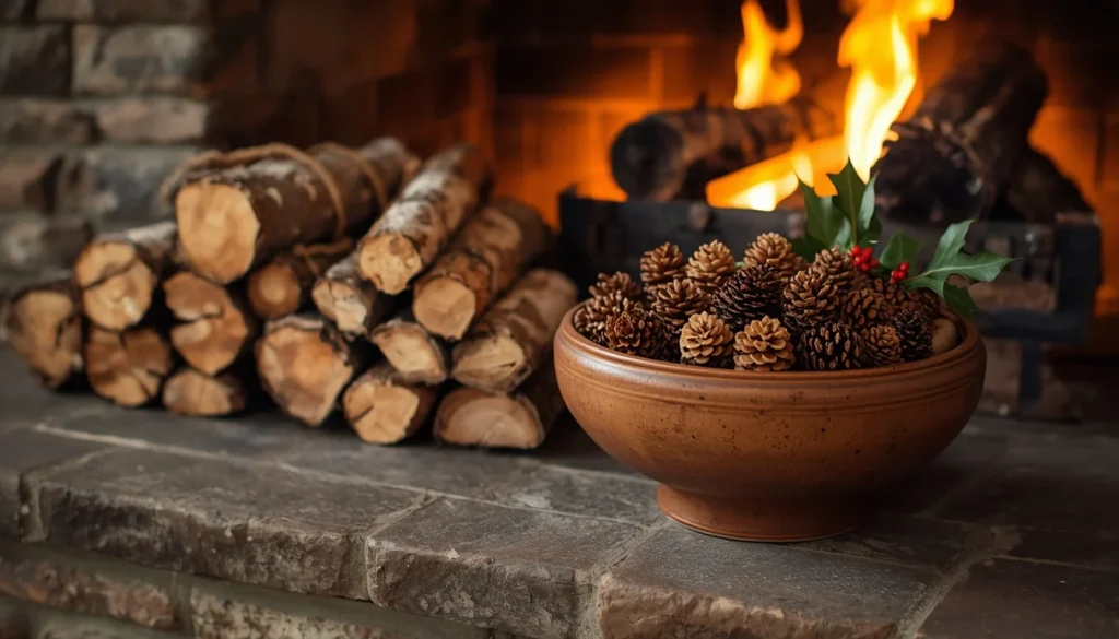Natural birch logs and pinecones by a Christmas fireplace — a low-cost organic living room idea for Christmas