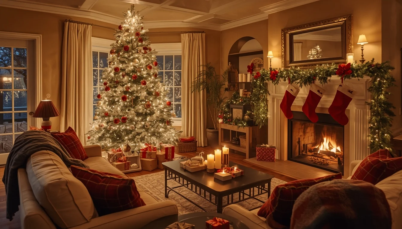 Living room ideas for Christmas — cozy festive living room decorated with tree, fireplace and garland