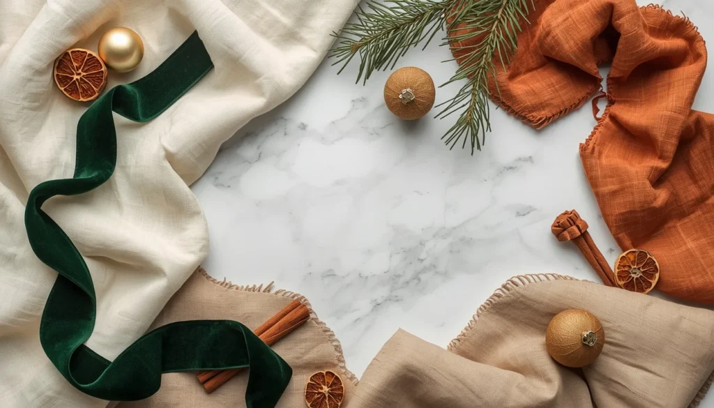  2026 Christmas living room color palette mood board showing warm earthy tones perfect for living room ideas for Christmas