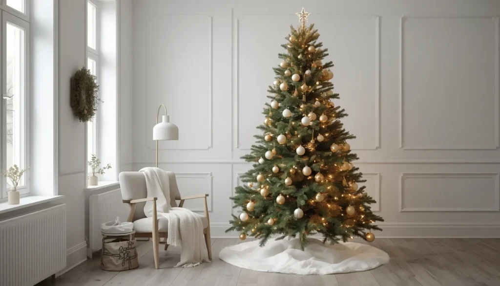Minimal warm white Christmas tree — one of the most elegant living room ideas for Christmas for 2026