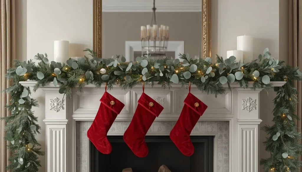 Christmas mantel garland with stockings — a classic but powerful living room idea for Christmas