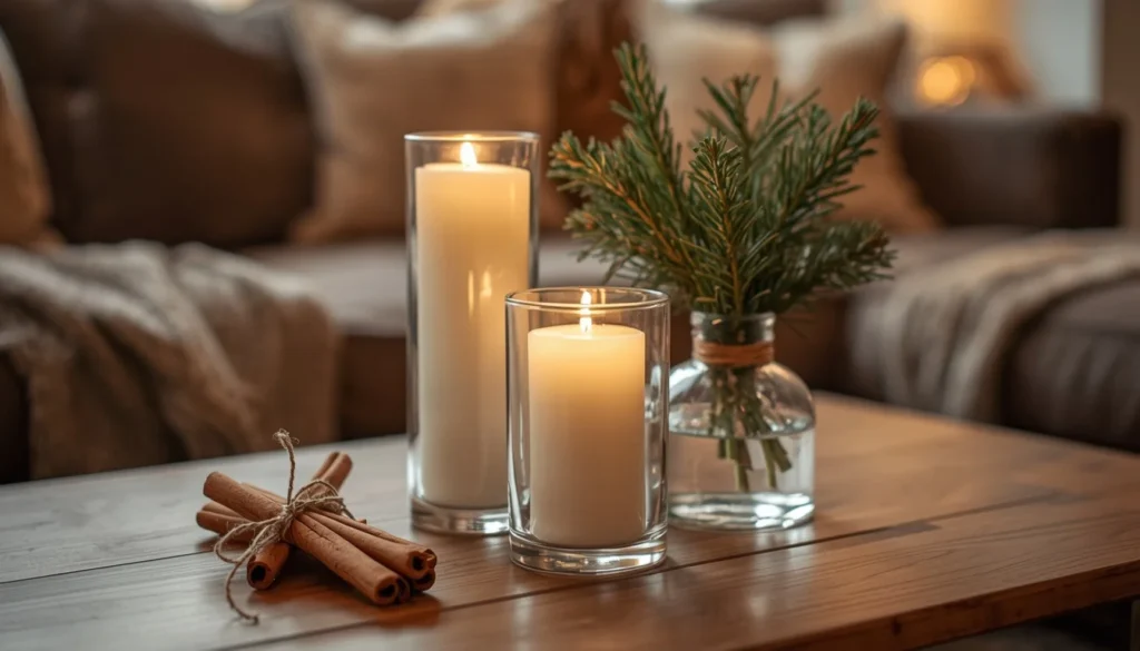 Christmas candles and scent styling on a coffee table — a sensory living room idea for Christmas